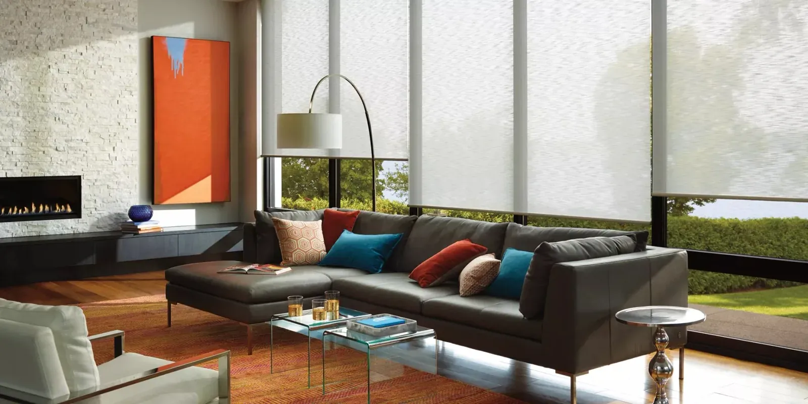 Alustra Woven Textures roller shades in a contemporary living room