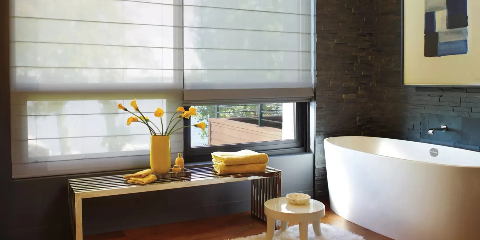 Alustra Woven Textures Roman shades in a spa-like bathroom