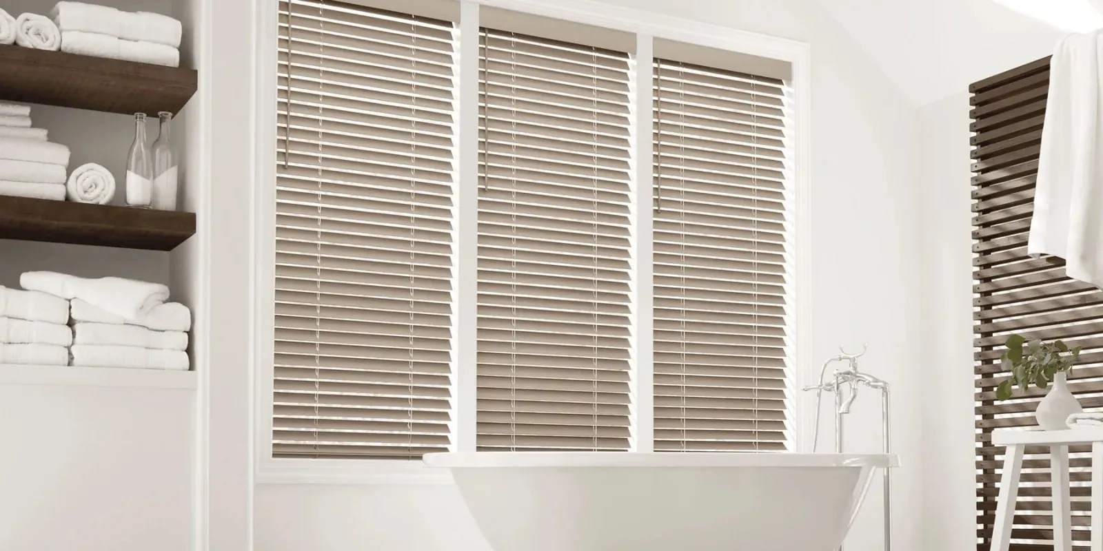 EverWood faux wood blinds in a white bathroom