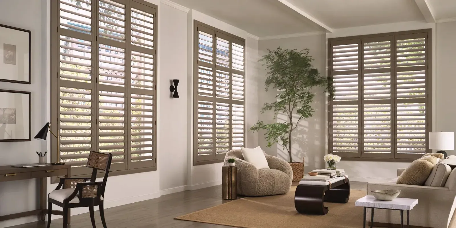 NewStyle hybrid shutters in a calm, neutral living room